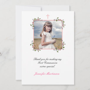 Pink Floral Corners, Communion Photo Thank You Card