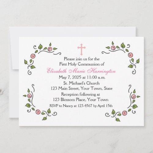 Pink Floral Corners, Religious Personalized Invitation