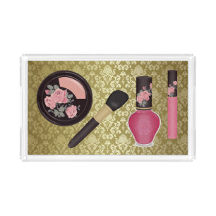 Pink Floral Cosmetics Gold Damask Acrylic Tray