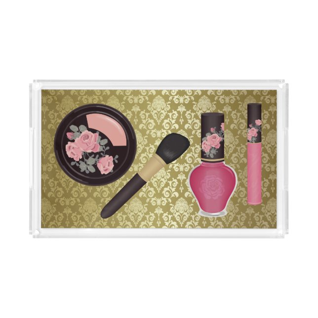 Pink Floral Cosmetics Gold Damask Acrylic Tray (Front)