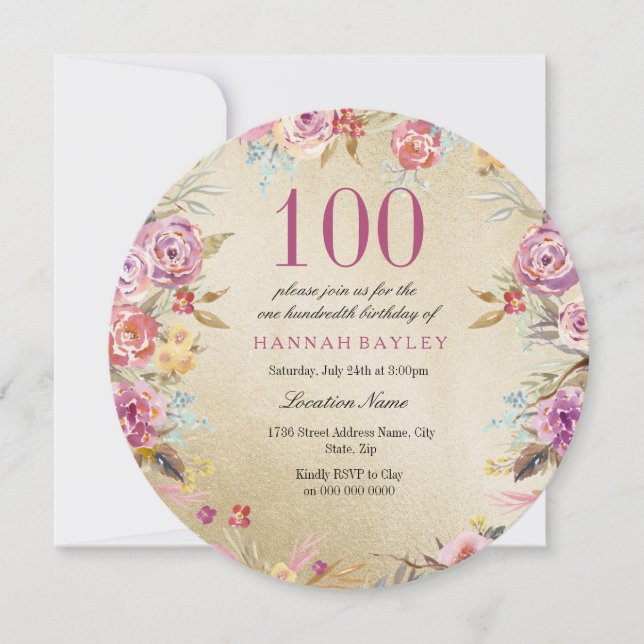 Pink Floral Country Gold 100th Birthday Party Invitation (Front)