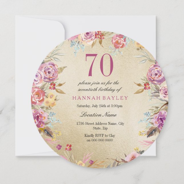 Pink Floral Country Gold 70th Birthday Party Invitation (Front)