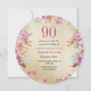 Pink Floral Country Gold 90th Birthday Party Invitation