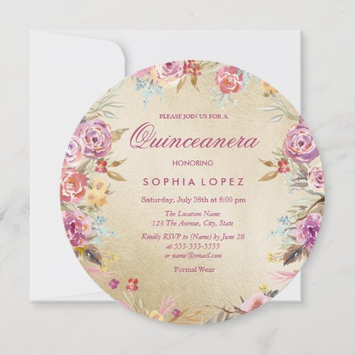 Pink Floral Country Gold Quinceanera Invite