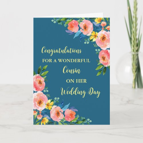 Pink Floral Cousin Wedding Day Congratulations Card