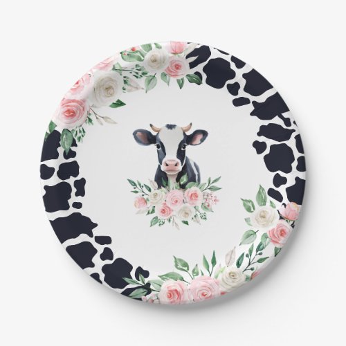 Pink Floral Cow Birthday Party Paper Plates
