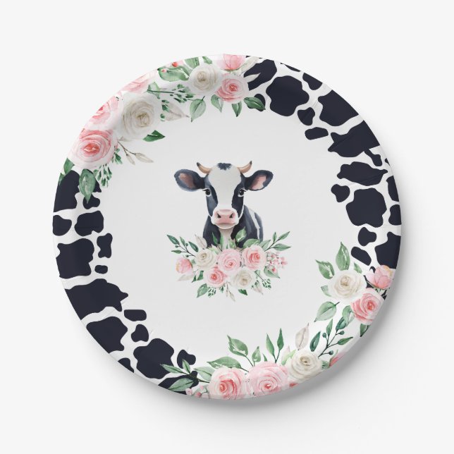 Pink Floral Cow Birthday Party Paper Plates (Front)
