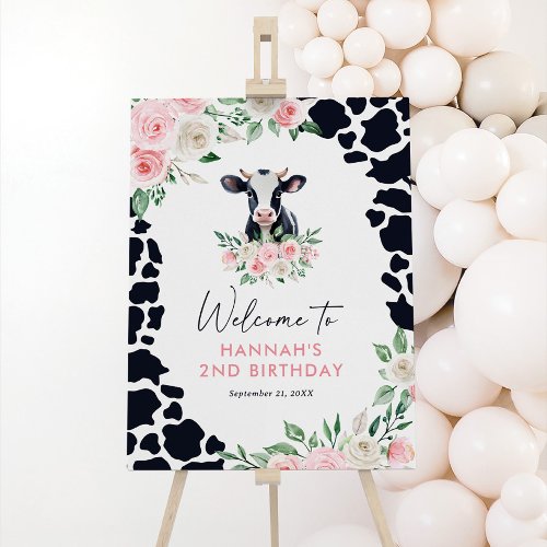Pink Floral Cow Birthday Welcome Sign