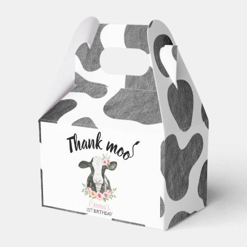 Pink Floral Cow Birthday with Cow Print Favor Boxes