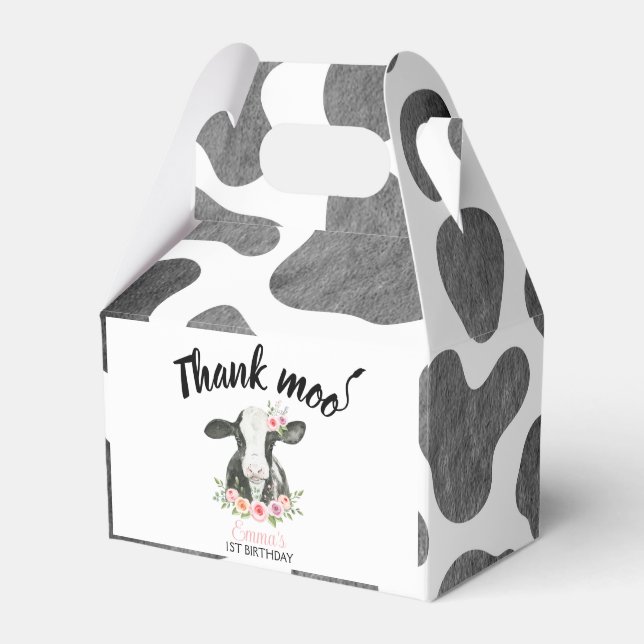 Pink Floral Cow Birthday with Cow Print Favor Boxes (Front Side)