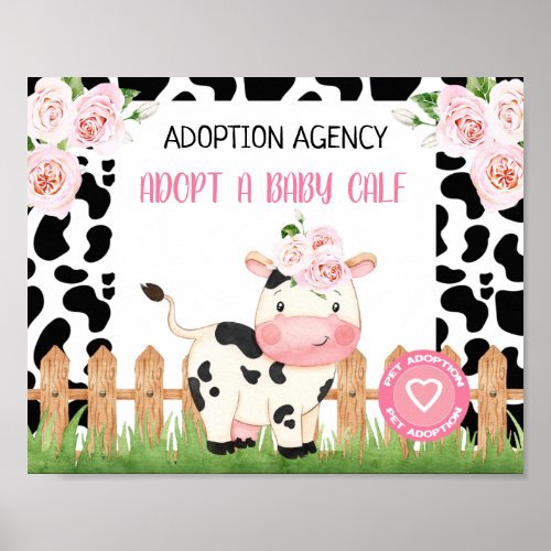 Pink Floral Cow Calf Pet Adoption Birthday Sign