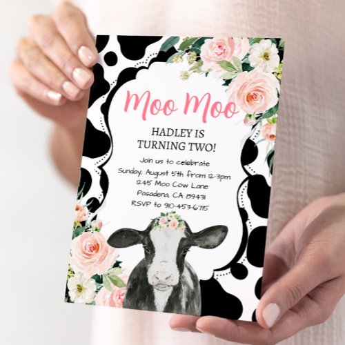 Pink Floral Cow Farm Birthday Invitation