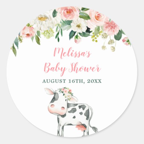 Pink Floral Cow Girl Baby Shower Classic Round Sticker