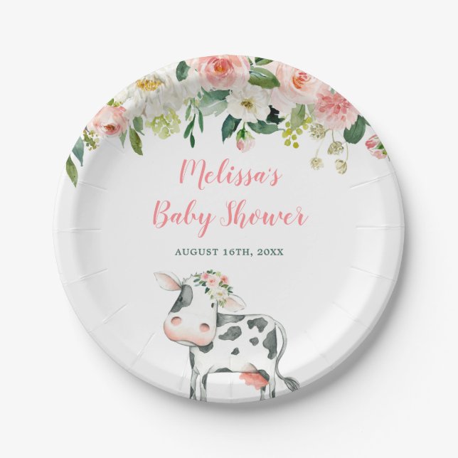 Pink Floral Cow Girl Baby Shower Paper Plates (Front)