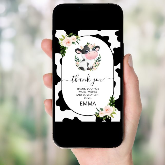 Pink Floral Cow Print Baby Shower Thank You card (Front Digital)