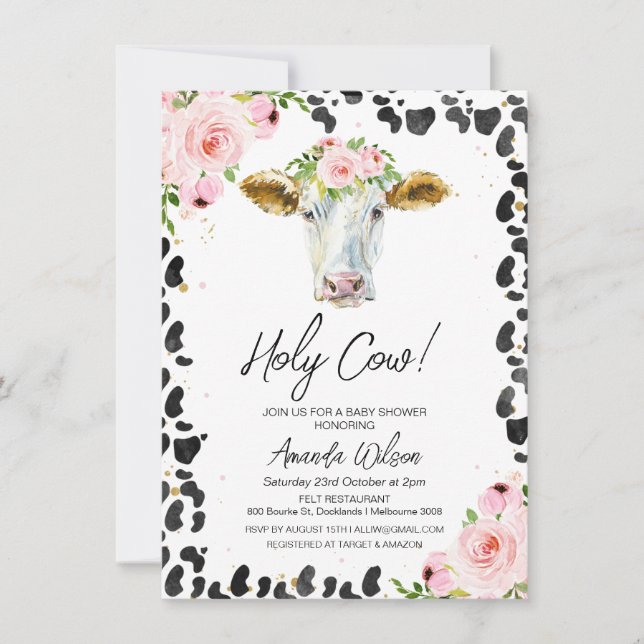 Pink Floral Cow Print Baby Shower Thank You Card (Front)