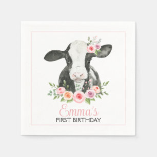 Pink Floral Cow Print Birthday Party Paper Napkin