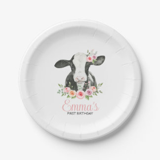 Pink Floral Cow Print Birthday Party Paper Plates