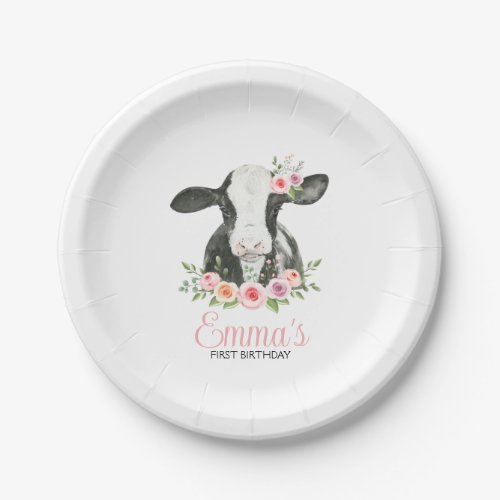 Pink Floral Cow Print Birthday Party  Paper Plates
