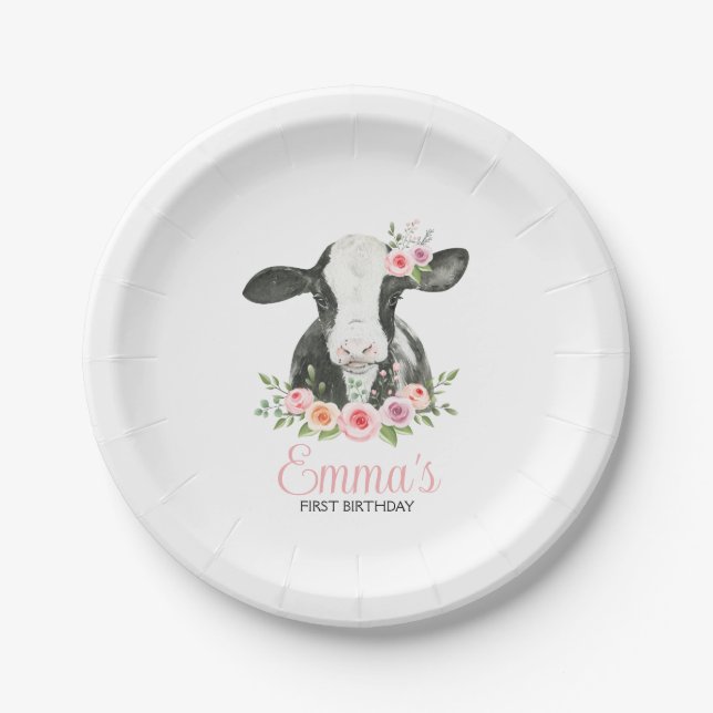 Pink Floral Cow Print Birthday Party  Paper Plates (Front)