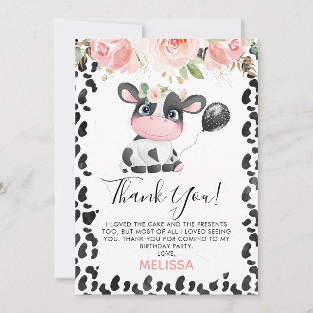  Pink Floral Cow Print Birthday Thank You Card (Front)