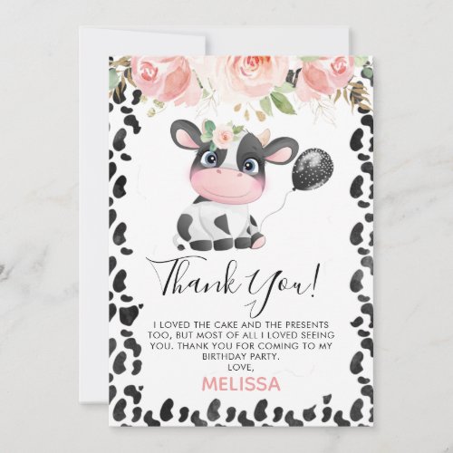  Pink Floral Cow Print Birthday Thank You Card