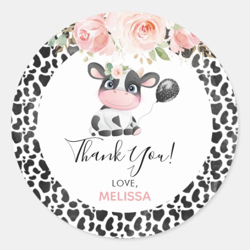  Pink Floral Cow Print Birthday Thank You Sticker