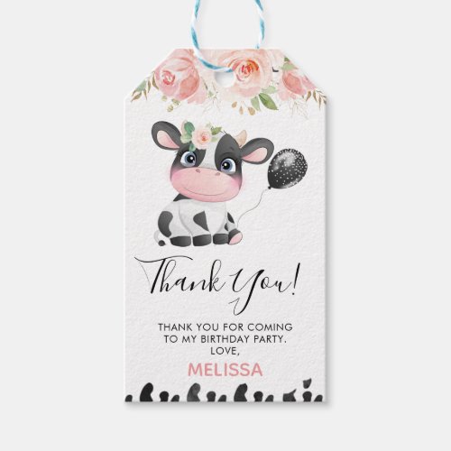  Pink Floral Cow Print Birthday Thank You Tag