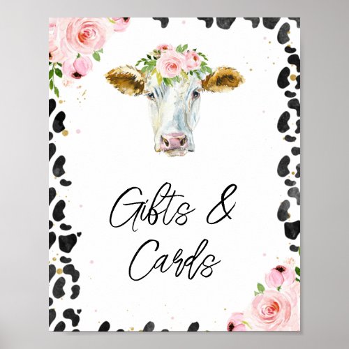 Pink Floral Cow Print Gift Card Baby Shower Sign