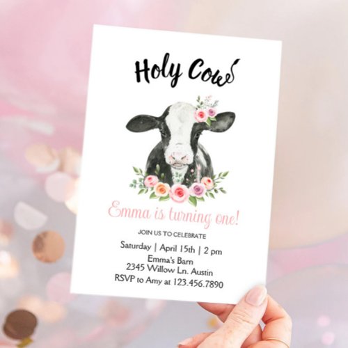 Pink Floral Cow with Cow Print Invitation