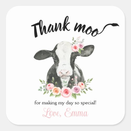 Pink Floral Cow with Cow Print thank you Favor Squ Square Sticker