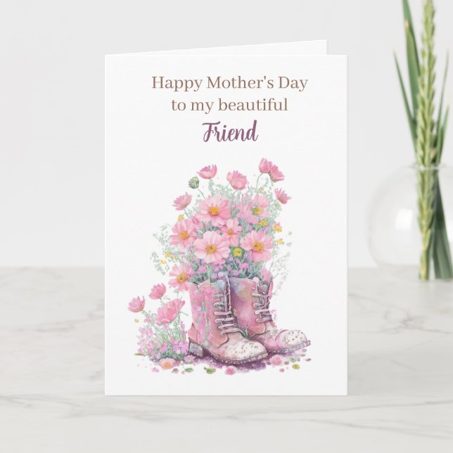 Pink Floral Cowboy Boots Mother's Day Friend Card (Front)