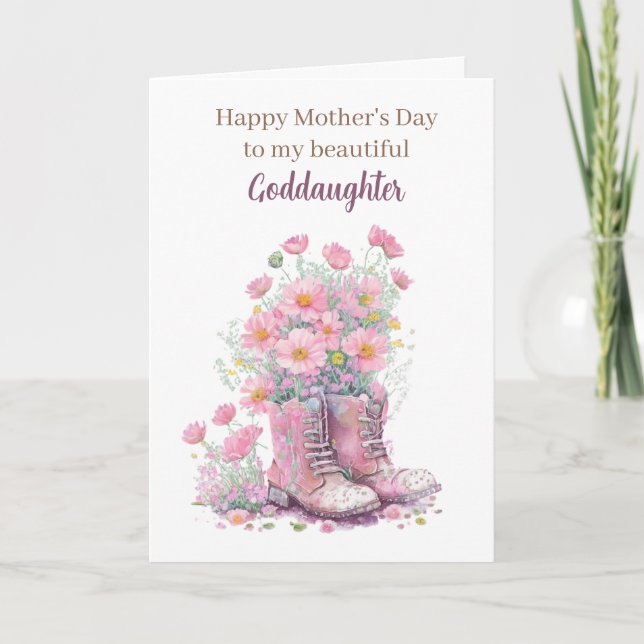 Pink Floral Cowboy Boots Mother's Day Goddaughter Card (Front)