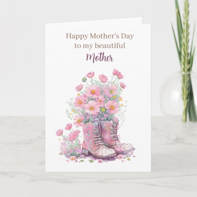 Pink Floral Cowboy Boots Mother's Day Mom Card (Front)