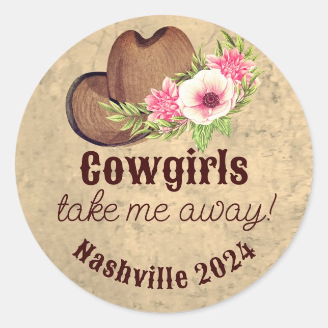 Pink Floral Cowgirl Bachelorette Favor  Classic Round Sticker (Front)