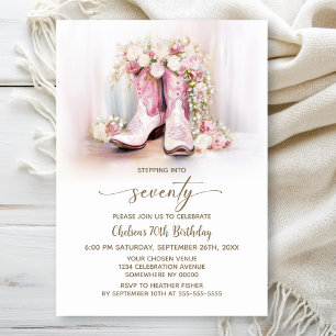 Pink Floral Cowgirl Boots 70th Birthday Party Invitation