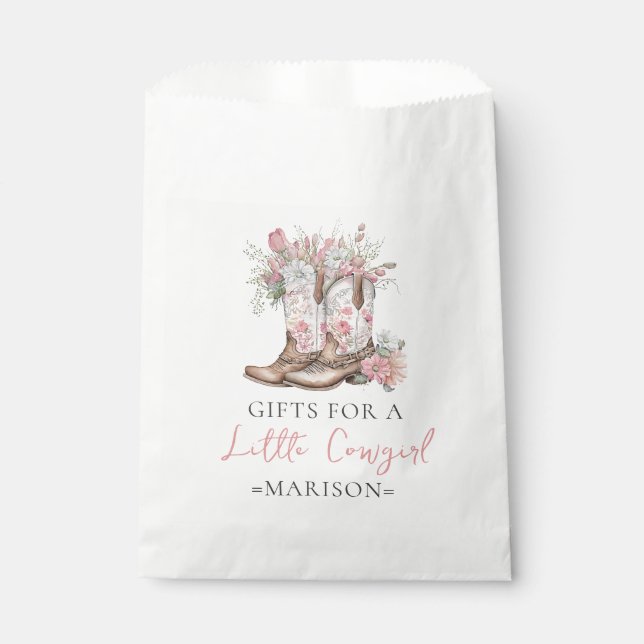 Pink Floral Cowgirl Boots and Greenery Bay Shower Favor Bag (Front)