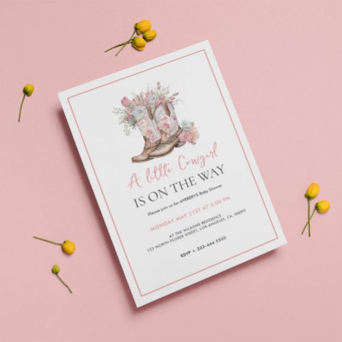 Pink Floral Cowgirl Boots and Greenery Bay Shower Invitation