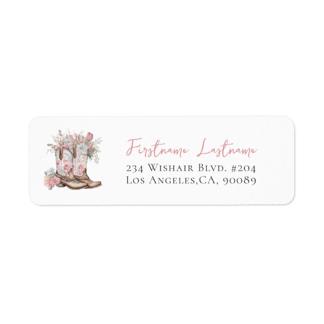 Pink Floral Cowgirl Boots and Greenery Bay Shower Label (Front)