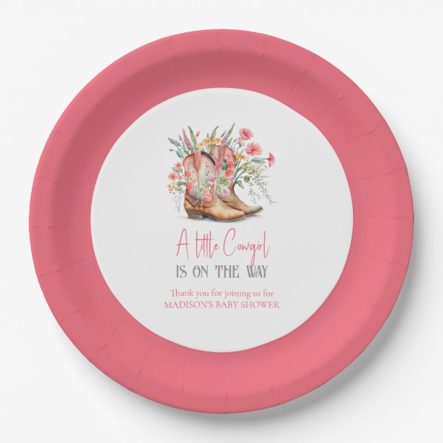 Pink Floral Cowgirl Boots and Greenery Bay Shower Paper Plates (Front)