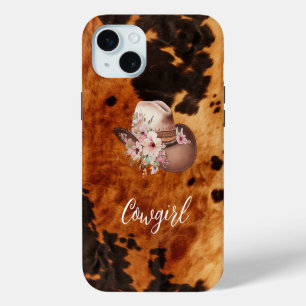 Pink Floral Cowgirl Cowboy Hat Brown Cowhide iPhone 15 Plus Case