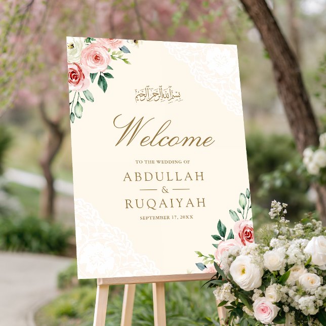 Pink Floral Cream Lace Muslim Wedding Welcome Sign (Creator Uploaded)