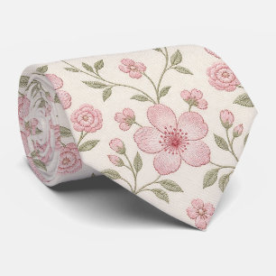 Pink Floral Cream Seamless Pattern with Soft Green Neck Tie