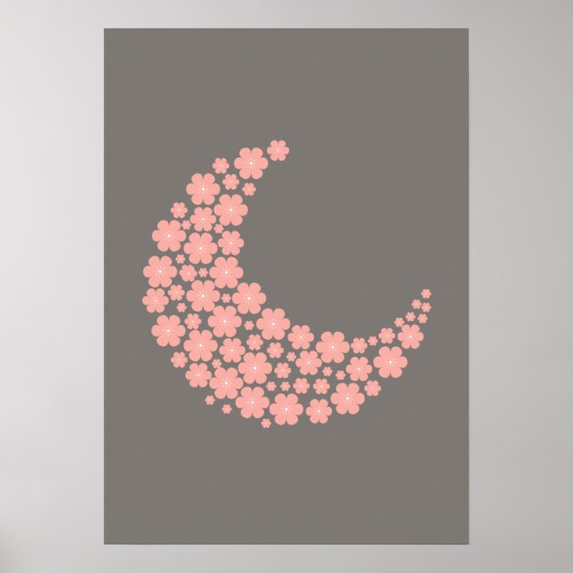 Pink Floral Crescent Moon on Dark Background – Rom Poster (Front)