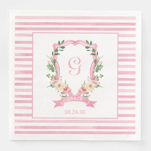 Pink Floral Crest Baby Shower Paper Dinner Napkins