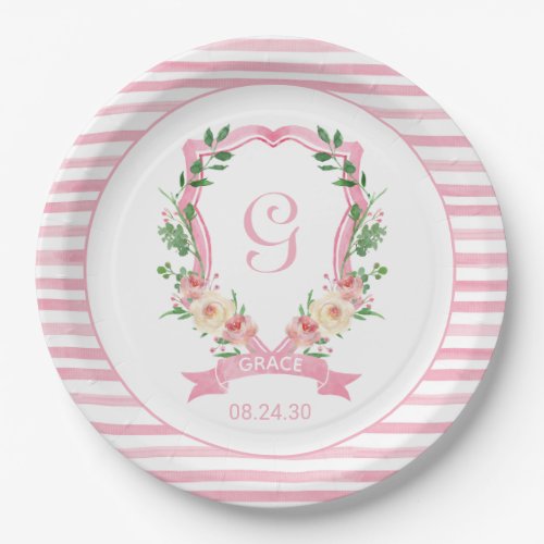 Pink Floral Crest Baby Shower Paper Plate