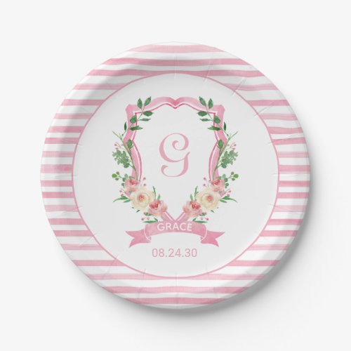 Pink Floral Crest Baby Shower Paper Plate