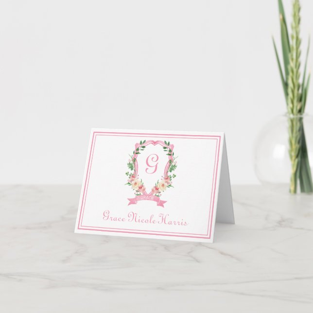 Pink Floral Crest Folded Thank You Card (Front)