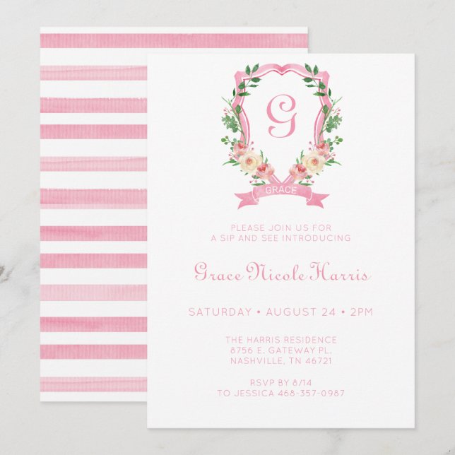 Pink Floral Crest Girl Sip And See Invitation (Front/Back)