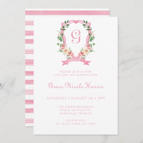 Pink Floral Crest Girl Sip And See Invitation